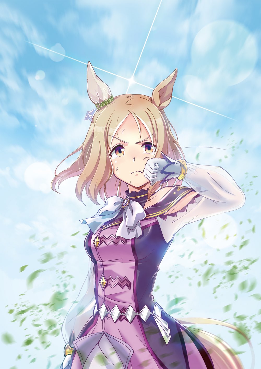 1girl animal_ears arm_at_side as'maria bare_shoulders blonde_hair bow bowtie breasts closed_mouth clouds day diffraction_spikes dirt dirty dirty_face dress english_text frown gloves highres horse_ears horse_girl horse_tail long_sleeves looking_at_viewer multicolored_eyes narita_top_road_(umamusume) off-shoulder_dress off_shoulder outdoors see-through see-through_sleeves short_hair small_breasts solo standing tail umamusume upper_body v-shaped_eyebrows white_gloves wind wiping_face yellow_eyes