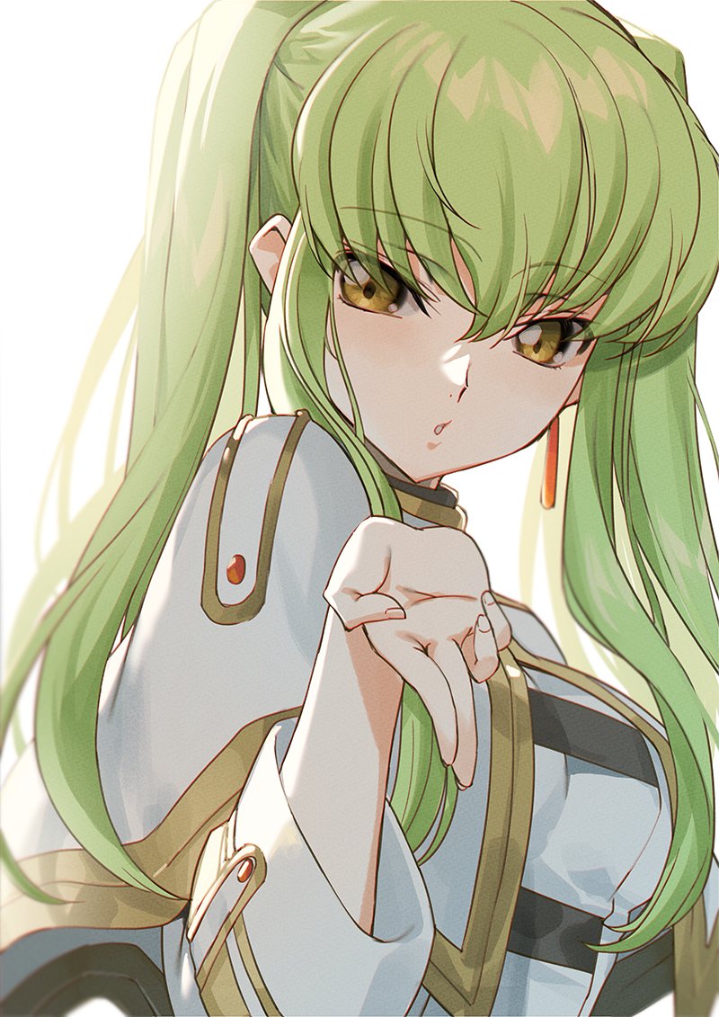 1girl blowing_kiss breasts c.c. code_geass creayus earrings gold_trim green_hair hand_up jewelry looking_at_viewer medium_breasts parted_lips solo twintails upper_body yellow_eyes