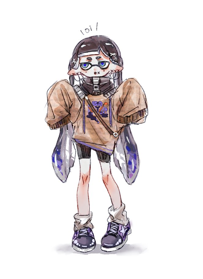 1girl :o bike_shorts black_hair blue_eyes blue_hair brown_shirt commentary cross-laced_footwear full_body inkling inkling_girl long_hair mole mole_under_eye oversized_clothes oversized_shirt print_shirt purple_footwear shirt shoes simple_background sleeves_past_wrists solo splatoon_(series) standing stitches symbol-only_commentary thenintlichen96 white_background