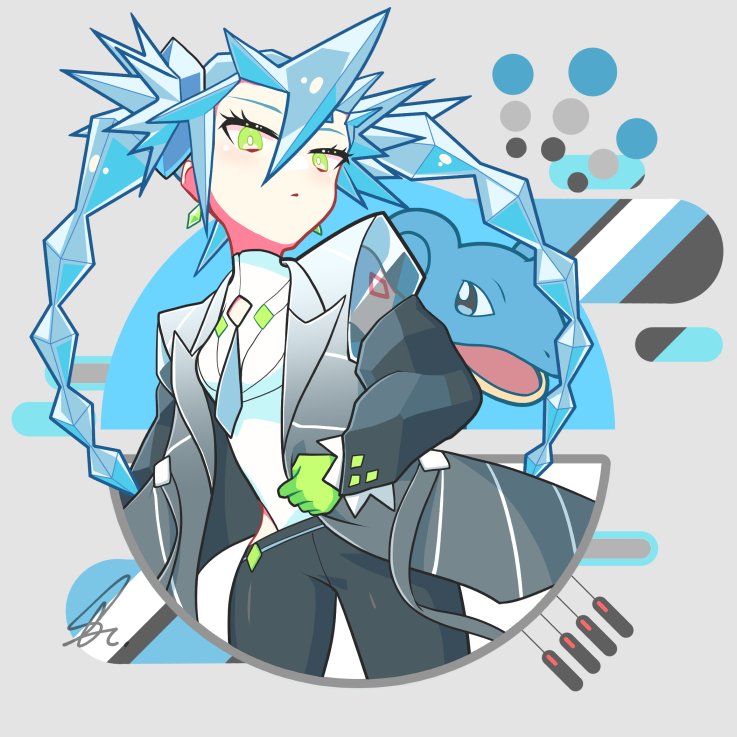 1girl black_pants blue_hair bright_pupils clothing_cutout commentary_request diamond_cutout earrings eyelashes gloves gradient_jacket green_eyes green_gloves grey_background hatsune_miku highleg highleg_leotard ice_hair ice_miku_(project_voltage) jacket jewelry lapras leotard long_hair pants pokemon pokemon_(creature) project_voltage saihate_(d3) see-through see-through_sleeves signature spiky_hair turtleneck_leotard twintails vocaloid white_leotard