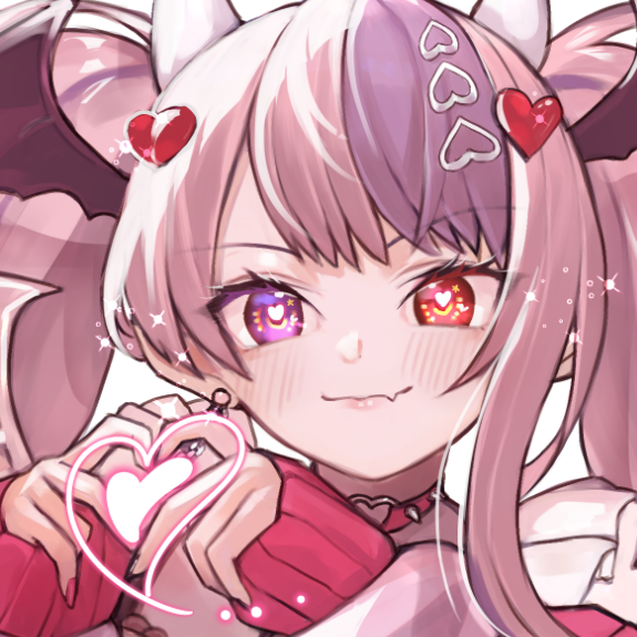 1girl a888_n22 blush choker demon_girl demon_horns demon_wings earrings fang hair_ornament head_wings heart heart-shaped_pupils heart_choker heart_hair_ornament heart_hands heart_o-ring heterochromia horns ironmouse ironmouse_(13th_costume) jewelry long_hair looking_at_viewer multicolored_hair o-ring o-ring_choker pink_hair pointy_ears purple_hair red_eyes single_earring skin_fang spiked_choker spikes streaked_hair symbol-shaped_pupils twintails violet_eyes virtual_youtuber vshojo wings