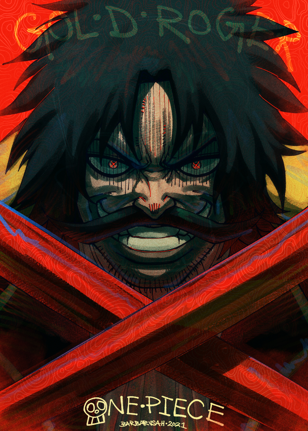 1boy 2021 artist_name barbarvsah black_hair character_name clenched_teeth commentary_request facial_hair gol_d._roger highres looking_at_viewer male_focus mustache one_piece short_hair smile solo sword teeth v-shaped_eyebrows weapon