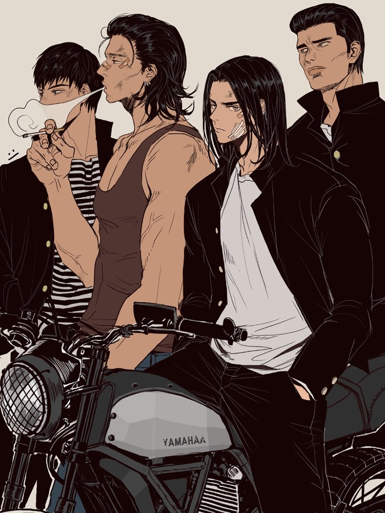 bandaid bandaid_on_cheek bandaid_on_face bandaid_on_forehead bandaid_on_nose black_eyes black_hair black_jacket black_pants blowing_smoke brown_tank_top cigarette dirty dirty_face earrings facial_hair feet_out_of_frame gakuran grey_background hair_slicked_back hands_in_pockets holding holding_cigarette hotta_norio_(slam_dunk) jacket jewelry kukig8765 looking_at_viewer looking_to_the_side male_focus mature_male medium_hair mitsui_hisashi muscular muscular_male on_motorcycle open_clothes open_jacket pants pectoral_cleavage pectorals pompadour profile ryu_(slam_dunk) school_uniform scratches shirt short_hair simple_background slam_dunk_(series) smoke striped striped_shirt stubble tank_top tetsuo_(slam_dunk) veins white_shirt