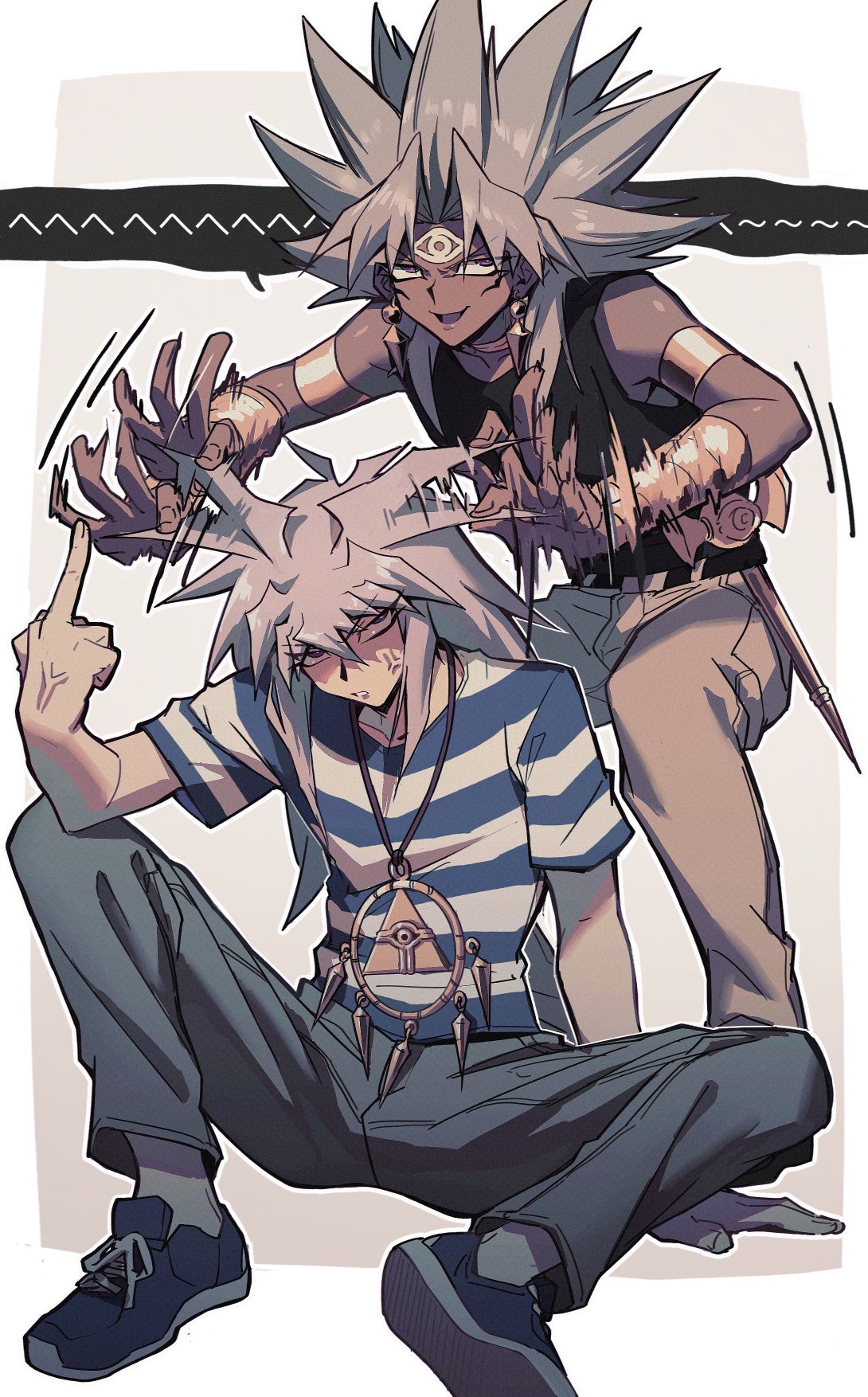 2boys anger_vein dark-skinned_male dark_skin earrings highres jewelry long_hair male_focus middle_finger millennium_ring millennium_rod multiple_boys on_ground playing_with_another's_hair shirt smile striped striped_shirt violet_eyes xiao_(creation0528) yami_bakura yami_marik yu-gi-oh! yu-gi-oh!_duel_monsters