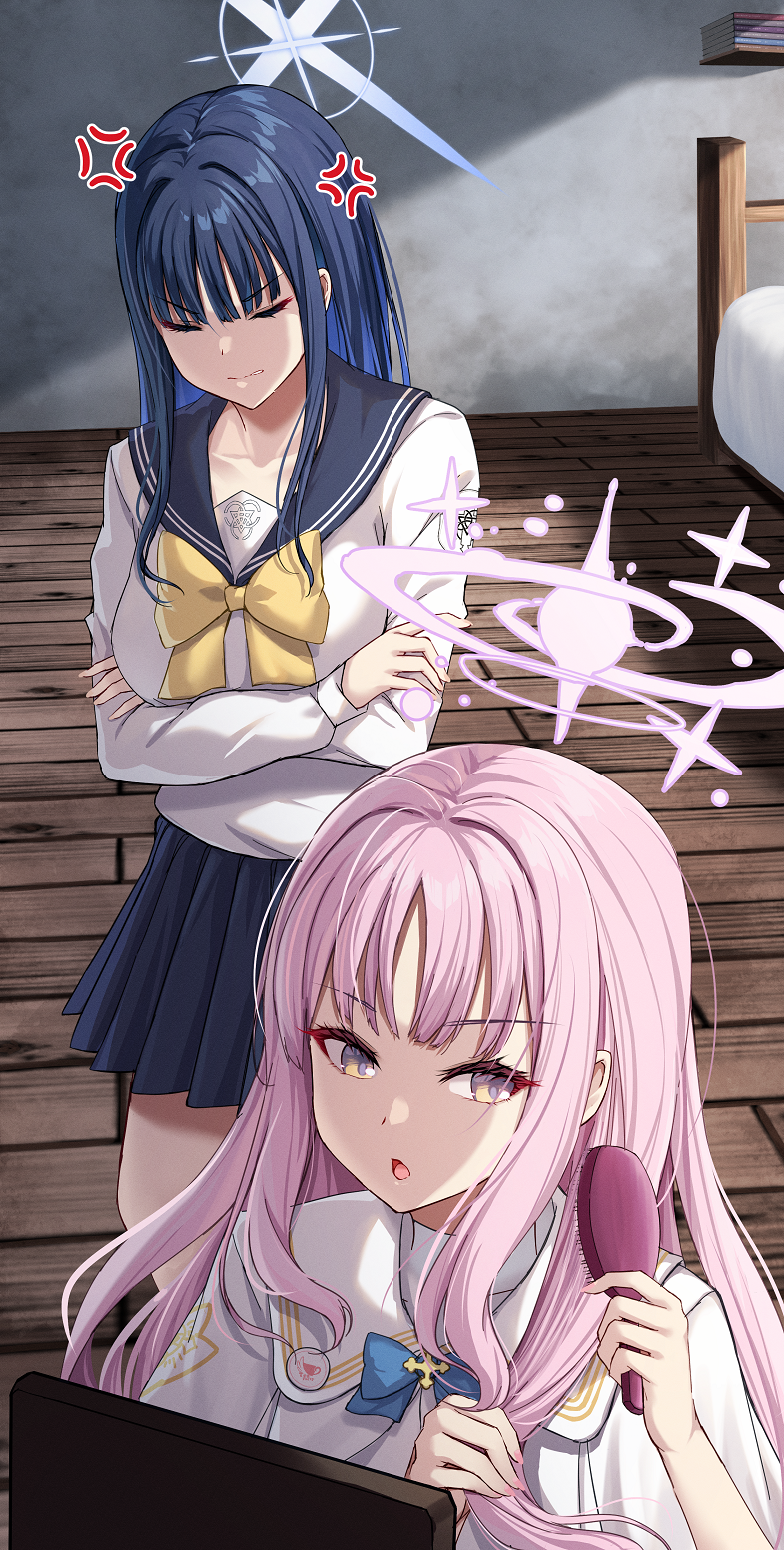 2girls anger_vein black_sailor_collar black_skirt blue_archive blue_hair blue_halo blush capelet closed_eyes closed_mouth comb fence flower hair_bun hair_flower hair_ornament halo highres holding holding_comb long_hair merxkialis mika_(blue_archive) multiple_girls open_mouth pink_hair pink_halo pleated_skirt purple_flower sailor_collar saori_(blue_archive) single_hair_bun skirt white_capelet wooden_fence