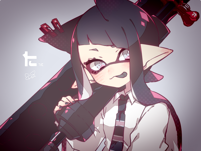 1girl :p black_hair black_nails black_necktie diagonal_bangs dynamo_roller_(splatoon) full_body gradient_background grey_background grey_eyes holding holding_weapon inkling inkling_girl inuowour long_hair necktie pointy_ears solo splatoon_(series) splatoon_2 tongue tongue_out weapon