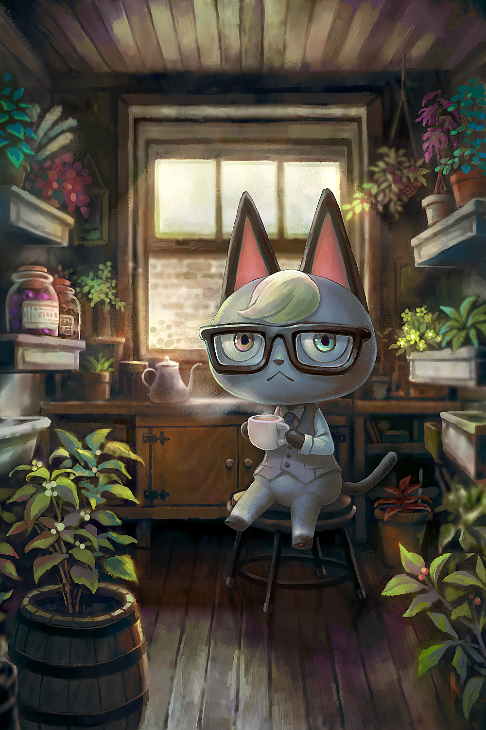 1boy :&lt; animal_crossing barrel black-framed_eyewear blue_necktie brown_eyes buttons cabinet cat_boy closed_mouth coffee coffee_mug coffee_pot collared_shirt commentary_request cup dress_shirt flower_pot furry furry_male glasses green_eyes grey_vest hanging_plant heterochromia highres holding holding_cup indoors jar looking_at_viewer male_focus mug necktie on_stool pawpads plant potted_plant raymond_(animal_crossing) risu shelf shirt sitting solo steam stool vest white_shirt window wooden_floor