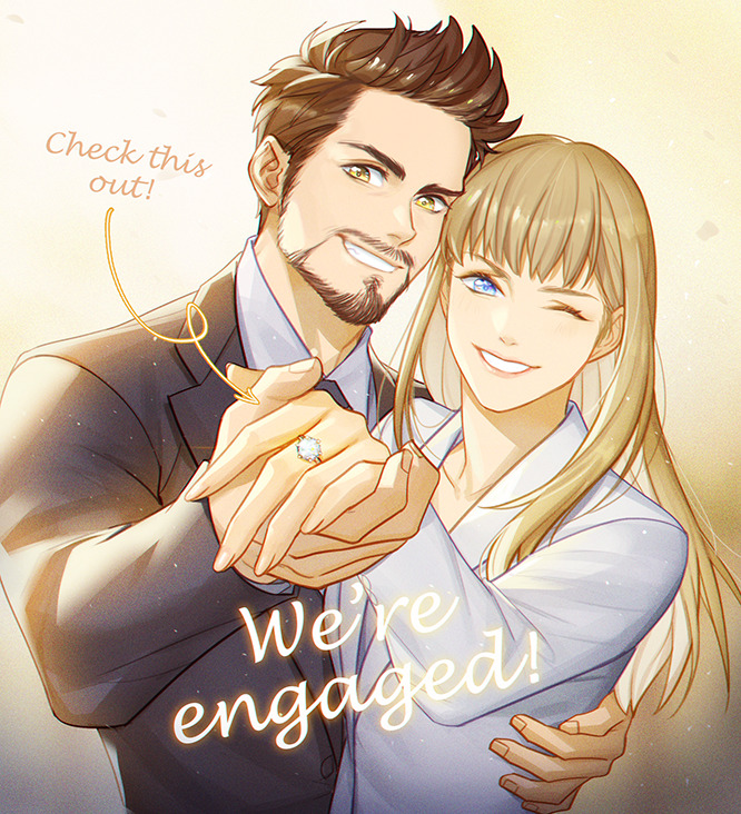 1boy 1girl animification arrow_(symbol) black_jacket black_necktie blonde_hair blue_eyes brown_hair buttons collarbone collared_jacket collared_shirt couple engagement_ring english_commentary english_text facial_hair fingernails ginmu hand_around_waist hand_up hands_up hetero holding holding_hands husband_and_wife jacket jewelry lips long_hair long_sleeves looking_at_viewer marvel marvel_cinematic_universe necktie one_eye_closed pepper_potts ring shirt short_hair sidelocks smile standing teeth tony_stark white_jacket white_shirt yellow_eyes