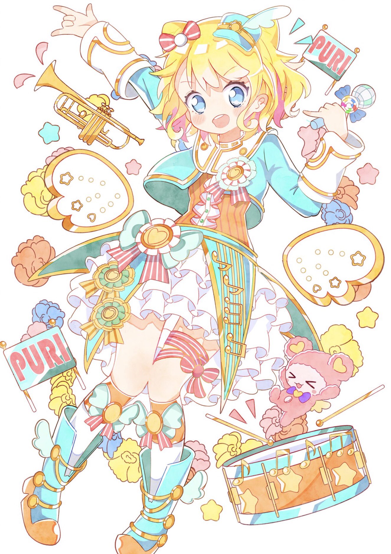 &gt;_&lt; 1girl :d arm_up blonde_hair blue_bow blue_eyes blue_footwear blue_headwear blue_jacket blush boots bow center_frills commentary_request cone_hair_bun cropped_jacket curly_hair double_bun drum drumsticks frilled_skirt frills full_body gold_trim hair_bow hair_bun hand_up hat highres holding holding_microphone idol_clothes instrument jacket kuma_(pripara) long_sleeves looking_at_viewer microphone minami_mirei mini_hat musical_note open_mouth orange_shirt outstretched_arm pretty_series pripara purple_bow ranirani_(syohousen8) red_bow shirt short_hair skirt smile socks star_(symbol) stuffed_animal stuffed_toy teddy_bear trumpet white_skirt white_socks