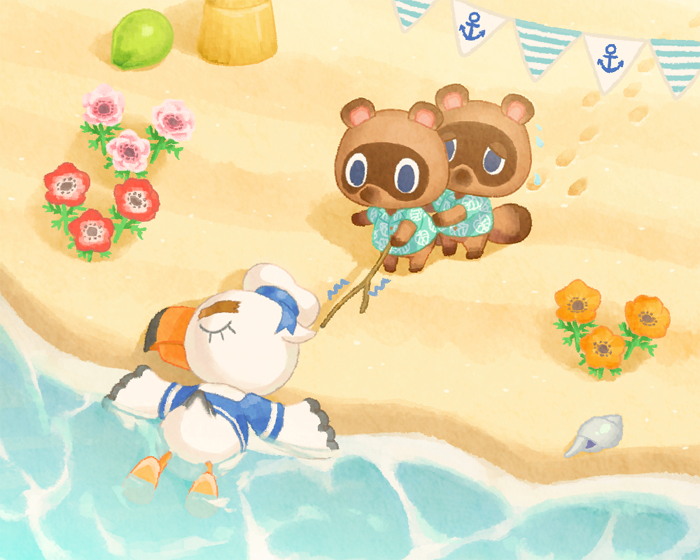 3boys anchor_symbol animal_crossing aqua_shirt beach blue_eyes blue_shirt closed_eyes coconut collared_shirt commentary_request conch flower flying_sweatdrops footprints furry furry_male gulliver_(animal_crossing) hat hiding hiding_behind_another holding holding_stick leaf_print lying moai_(aoh) multiple_boys on_stomach orange_flower pink_flower poking print_shirt raccoon_boy red_flower sailor_hat sand scared seashell shell shirt shore short_sleeves standing stick string_of_flags timmy_(animal_crossing) tommy_(animal_crossing) tree water white_headwear