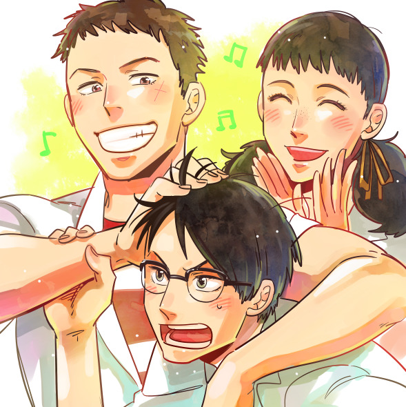 1girl 2boys :d artist_request bad_id bad_pixiv_id black_eyes black_hair blush brown_eyes brown_hair closed_eyes freckles glasses green_background hand_around_neck hand_in_another's_hair hand_on_another's_arm kawabuchi_sentarou looking_at_another mukae_ritsuko multiple_boys musical_note nishimi_kaoru partially_unbuttoned ribbon ruffling_hair sakamichi_no_apollon scar scar_on_cheek scar_on_face shirt short_hair short_twintails smile sweatdrop third-party_source twintails two-tone_shirt upper_body wavy_hair white_shirt yellow_ribbon