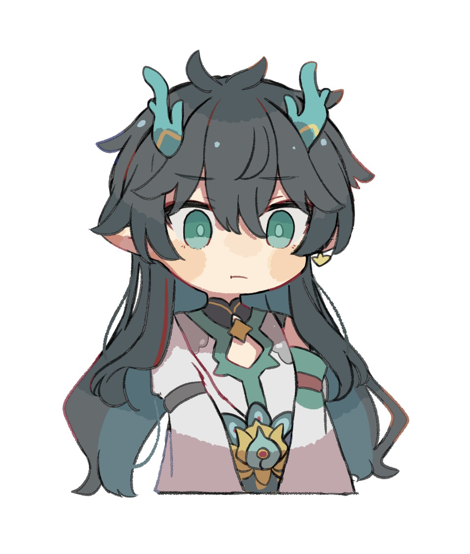 1boy :t antenna_hair aqua_eyes aqua_horns arms_at_sides black_hair blush brooch cleavage_cutout clothing_cutout collared_shirt colored_inner_hair commentary_request cropped_arms cropped_torso dan_heng_(honkai:_star_rail) dan_heng_(imbibitor_lunae)_(honkai:_star_rail) detached_sleeves earrings hara_(nanohara) high_collar honkai:_star_rail honkai_(series) horn_ornament horns jewelry long_hair long_sleeves male_focus multicolored_hair no_nose pointy_ears pout shirt simple_background single_bare_shoulder single_detached_sleeve single_earring solo upper_body very_long_hair white_background white_shirt wide_sleeves