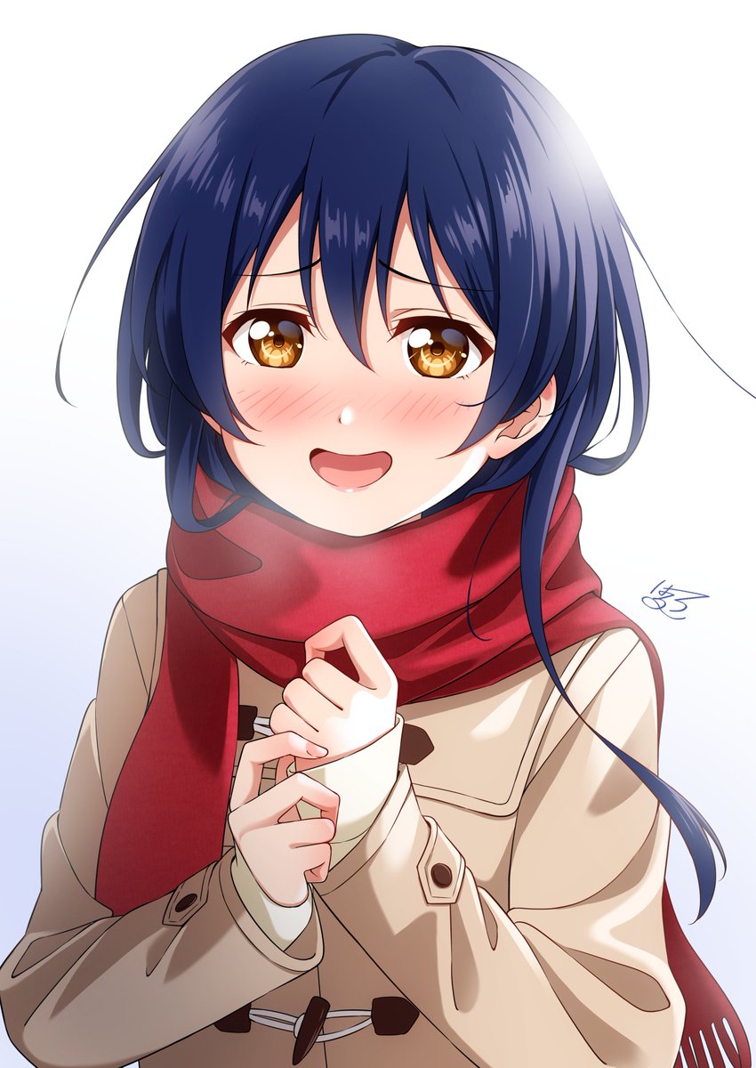 1girl blue_hair brown_coat coat haruharo_(haruharo_7315) highres long_hair long_sleeves looking_at_viewer love_live! open_mouth orange_eyes red_scarf scarf smile solo sonoda_umi white_background winter_clothes winter_coat