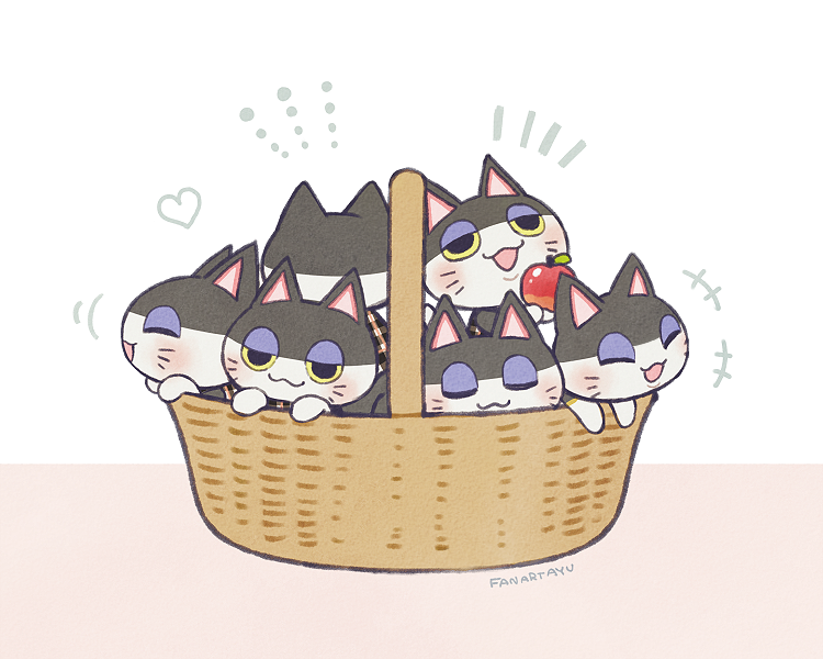 +++ 6+boys :3 :d ^_^ animal_crossing apple artist_name ayu_(mog) basket blush brown_background cat_boy closed_eyes closed_mouth commentary_request facing_away food fruit furry furry_male heart holding holding_food holding_fruit in_basket looking_at_viewer multiple_boys notice_lines open_mouth punchy_(animal_crossing) simple_background smile two-tone_background white_background