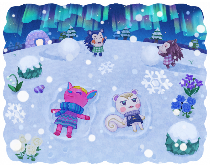 1boy 3girls ^_^ animal_crossing animal_ear_piercing arms_up aurora blonde_hair blue_dress blue_flower blue_rose blue_scarf blush blush_stickers bush closed_eyes closed_mouth commentary_request dress ear_piercing eyelashes flower footprints freckles fuchsia_(animal_crossing) fur_scarf furry furry_female furry_male gingham gingham_dress green_dress igloo jitome lily_of_the_valley lying mabel_able_(animal_crossing) marshal_(animal_crossing) mittens moai_(aoh) multicolored_clothes multicolored_dress multiple_girls night night_sky on_back on_ground open_mouth outdoors piercing pine_tree purple_dress purple_flower purple_mittens purple_scarf red_dress rose sable_able_(animal_crossing) scarf siblings sisters sky sleeveless sleeveless_dress smile snow snow_angel snow_shelter snowball snowflakes snowing standing star_(sky) tree unworn_mittens white_flower winter