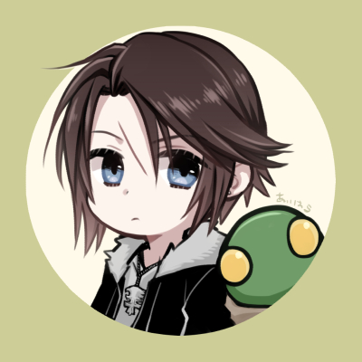 1boy black_jacket blue_eyes brown_hair chibi circle commentary_request expressionless final_fantasy final_fantasy_viii fur-trimmed_jacket fur_trim hiryuu_(kana_h) jacket jewelry lowres male_focus necklace open_clothes open_jacket scar scar_on_face shirt short_hair signature simple_background squall_leonhart tonberry white_shirt yellow_background