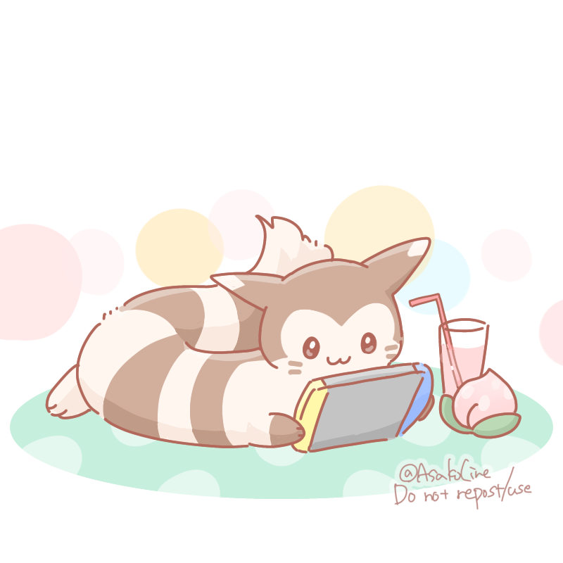:3 animal_focus artist_name asakoline black_eyes brown_fur commentary_request cup drinking_straw food fruit furret glass nintendo_switch no_humans peach pokemon pokemon_(creature) tail two-tone_fur white_background white_fur