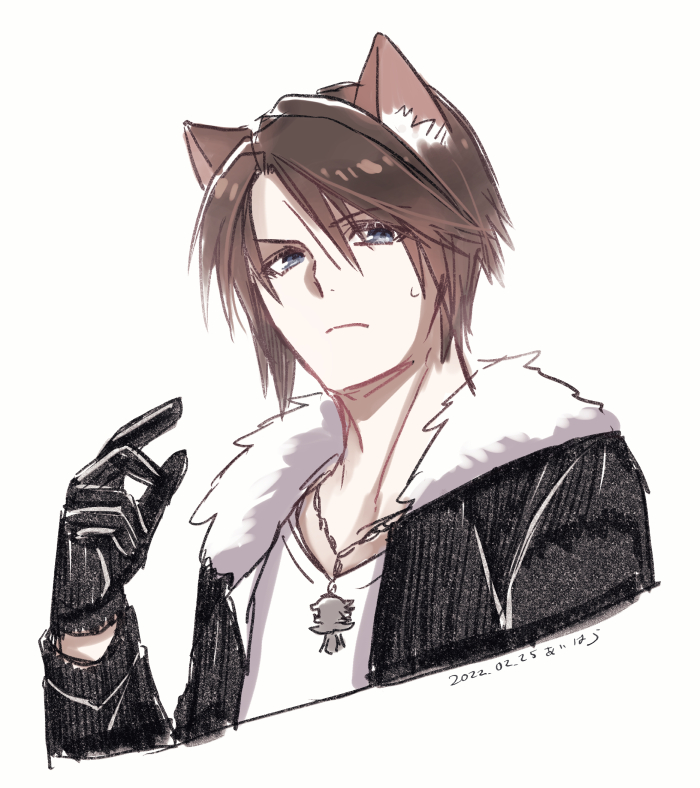 1boy animal_ears black_gloves black_jacket blue_eyes brown_hair cat_boy cat_ears chain_necklace commentary_request cropped_shoulders dated final_fantasy final_fantasy_viii fur-trimmed_jacket fur_trim gloves hand_up hiryuu_(kana_h) jacket jewelry light_frown long_sleeves male_focus necklace open_clothes open_jacket pointing pointing_at_self scar scar_on_face shirt short_hair simple_background solo squall_leonhart sweatdrop v-neck white_background white_shirt