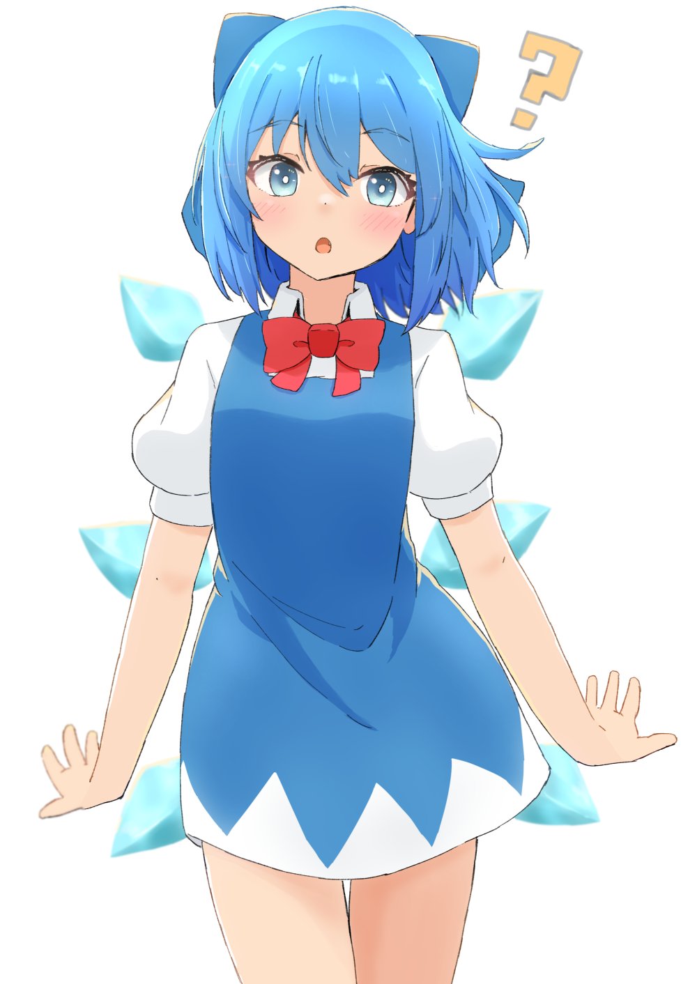 1girl ? arms_at_sides blue_bow blue_dress blue_eyes blue_hair bow bowtie cirno dress hair_bow highres large_bow mizune_(winter) red_bow red_bowtie shirt short_hair short_sleeves solo touhou white_background white_shirt