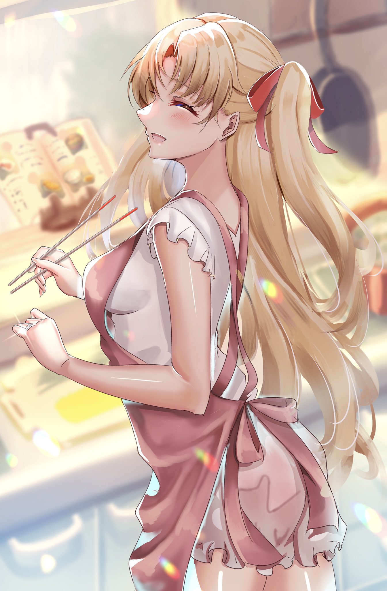 1girl ^_^ apron blonde_hair blurry blurry_background blush breasts chiachun0621 chopsticks closed_eyes commentary commission cowboy_shot ereshkigal_(fate) eyelashes fate/grand_order fate_(series) frilled_shirt frills from_side glint hair_between_eyes half_updo hands_up happy highres holding holding_chopsticks indoors jewelry kitchen long_hair medium_breasts open_mouth pink_apron profile ring shirt sideways_glance skeb_commission smile solo standing two_side_up very_long_hair wedding_ring white_shirt