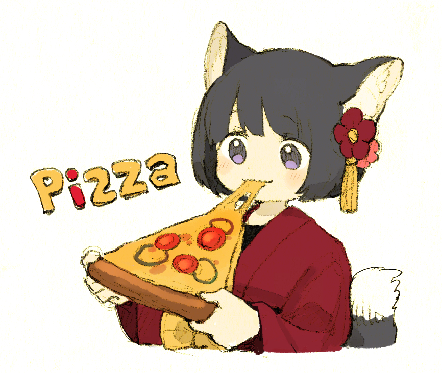 1girl animal_ear_fluff animal_ears cheese_trail commentary_request eating flower food food_name fox_tail grey_hair grey_tail hair_flower hair_ornament hands_up holding holding_food holding_pizza japanese_clothes kimono light_blush light_smile maniani original pink_flower pizza pizza_slice red_flower red_kimono sash shino_(maniani) short_hair simple_background solo tail tassel violet_eyes white_background wide_sleeves yellow_sash