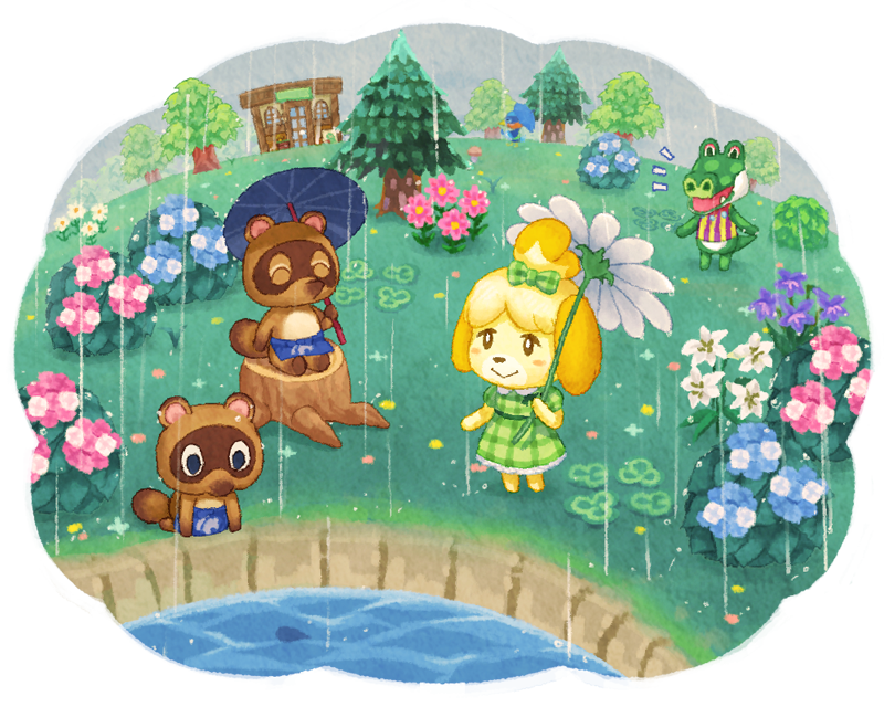 2girls 3boys ^_^ animal_crossing apron black_eyes blue_apron blue_flower blue_umbrella blush blush_stickers boots_(animal_crossing) bow building bush closed_eyes closed_mouth collared_dress commentary_request dog_girl dress fang flower flower_umbrella furry furry_female furry_male grass green_bow green_dress hair_bow holding holding_umbrella hydrangea isabelle_(animal_crossing) lily_(flower) moai_(aoh) multiple_boys multiple_girls mushroom notice_lines outdoors overcast pine_tree pink_flower plaid plaid_bow plaid_dress puffy_short_sleeves puffy_sleeves purple_flower raccoon_boy rain robin_(animal_crossing) shirt short_sleeves sitting sitting_on_tree_stump sky smile standing striped striped_shirt timmy_(animal_crossing) tommy_(animal_crossing) topknot transparent_background tree tree_stump umbrella vertical-striped_shirt vertical_stripes waist_apron water white_flower