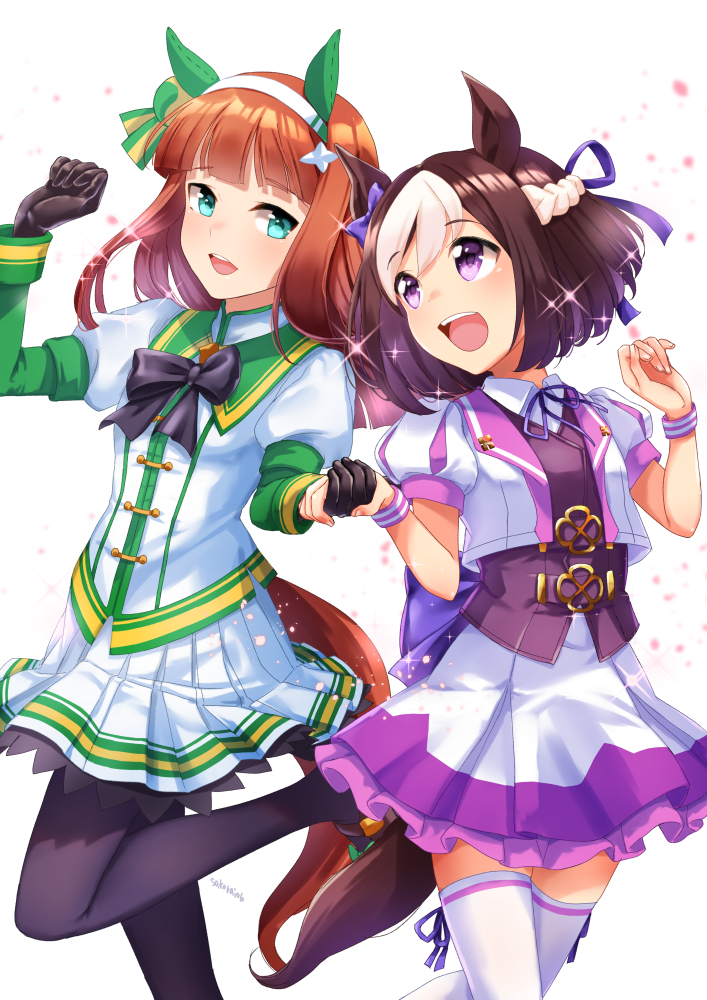 2girls animal_ears black_bow black_pantyhose blush bow brown_hair ear_bow ear_covers ear_ribbon green_eyes hair_ornament hairband hand_up hime_cut holding_hands horse_ears horse_girl horse_tail long_hair long_sleeves looking_at_another multicolored_hair multiple_girls open_mouth orange_hair orange_tail pantyhose pleated_skirt purple_bow purple_shirt shirt short_hair short_sleeves silence_suzuka_(umamusume) simple_background skirt smile special_week_(umamusume) tail teeth thigh-highs two-tone_hair umamusume upper_teeth_only violet_eyes white_background white_hair white_hairband white_shirt white_skirt white_thighhighs yu_sakurai06