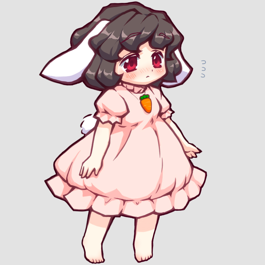 1girl :&lt; animal_ears barefoot bebeneko black_hair black_outline blush carrot_necklace closed_mouth commentary_request dress expressionless flat_chest floppy_ears flying_sweatdrops frilled_sleeves frills full_body grey_background inaba_tewi jewelry looking_at_viewer medium_bangs necklace nose_blush outline pink_dress puffy_short_sleeves puffy_sleeves rabbit_ears rabbit_girl rabbit_tail red_eyes short_hair short_sleeves simple_background solo tail touhou