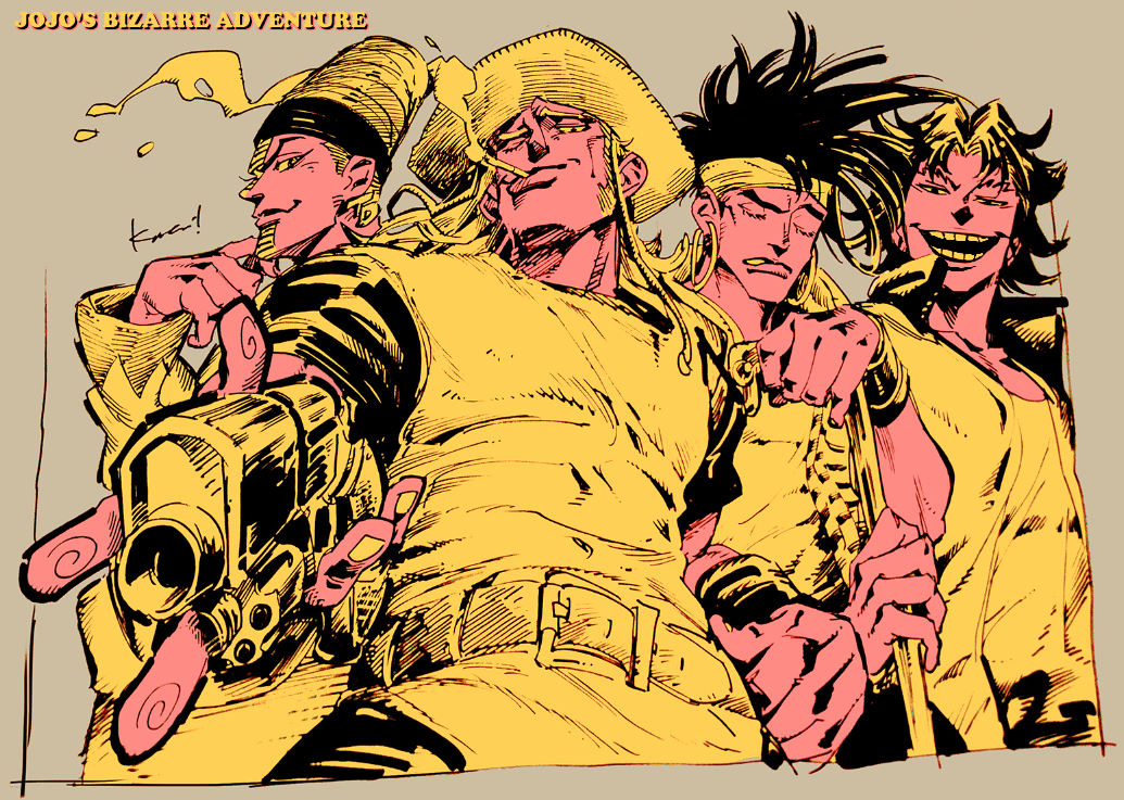 4boys bad_id bad_tumblr_id belt bracelet cigarette closed_eyes earrings english_commentary from_below hat hol_horse jacket jewelry jojo_no_kimyou_na_bouken kotteri multiple_boys n'doul one_eye_closed shirt short_hair simple_background smile stardust_crusaders steely_dan terence_t._d'arby upper_body