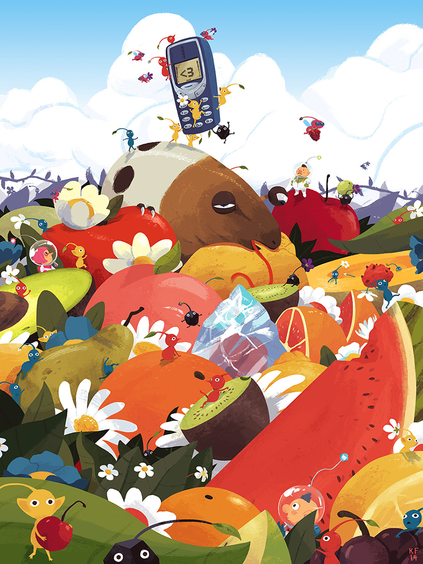 1girl 2boys :o alph_(pikmin) apple backpack badge bag big_nose black_eyes black_skin blue_bag blue_eyes blue_gloves blue_hair blue_pikmin blue_skin brittany_(pikmin) brown_hair carrying cellphone charlie_(pikmin) cherry clenched_hands climbing clinging clouds colored_skin commentary crystal day english_commentary facial_hair falling flip_phone flower flying food freckles from_side fruit glasses gloves green_gloves half-closed_eyes hands_on_own_hips heart helmet holding holding_food holding_fruit insect_wings kiwi_(fruit) kyle_fewell leaf long_tongue mini_person miniboy minigirl mohawk multiple_boys mustache no_mouth open_mouth orange_(fruit) outdoors oversized_food oversized_object peach pear phone pikmin_(series) pikmin_3 pink_bag pink_gloves pink_hair pink_skin plant pointy_ears pointy_nose radio_antenna red-framed_eyewear red_pikmin red_skin rock rock_pikmin short_hair solid_circle_eyes space_helmet spacesuit star_(symbol) tongue triangle_mouth very_short_hair vines watermelon watermelon_slice whiptongue_bulborb whistle white_flower winged_pikmin wings yellow_pikmin yellow_skin