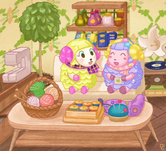 2girls :d ^_^ animal_crossing bag basket blush blush_stickers bottle box closed_eyes coffee_table commentary_request couch cup curled_horns etoile_(animal_crossing) fabric furry furry_female hair_ornament hairband horns indoors jar moai_(aoh) multiple_girls needle on_couch open_mouth phonograph pincushion pink_horns pink_scarf plaid plaid_scarf plant potted_plant purple_scarf record scarf scissors sewing_machine sewing_needle sewing_pin sheep_girl shelf sitting smile spool star_(symbol) star_hair_ornament table willow_(animal_crossing) wooden_floor yarn yarn_ball yellow_hairband yellow_horns