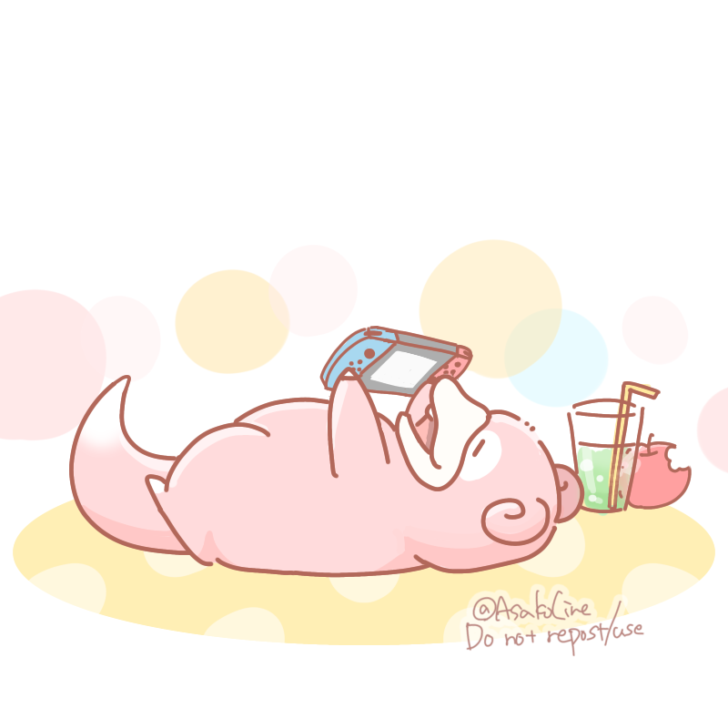 animal_focus apple artist_name asakoline colored_skin commentary_request cup drinking_straw food fruit lying nintendo_switch no_humans on_back pink_skin pokemon pokemon_(creature) slowpoke tail white_background