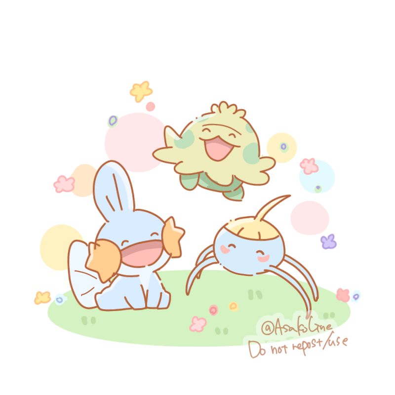 ^_^ animal_focus artist_name asakoline blue_skin bug closed_eyes colored_skin commentary_request jumping mudkip no_humans on_grass open_mouth pokemon pokemon_(creature) shroomish sitting smile surskit white_background
