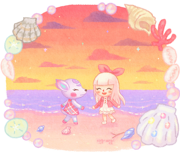 2girls :d ^_^ animal_crossing beach blunt_bangs blush cardigan closed_eyes closed_mouth clouds commentary_request conch coral deer_girl diana_(animal_crossing) dress dusk eyelashes furry furry_female gem hair_ribbon horizon long_hair long_sleeves moai_(aoh) multiple_girls ocean open_cardigan open_clothes open_mouth orange_sky outdoors pearl_(gemstone) pink_cardigan pink_dress pink_ribbon ribbon sand sand_dollar scallop seashell shell sky sleeveless sleeveless_dress smile standing twilight villager_(animal_crossing) walking water white_dress white_hair