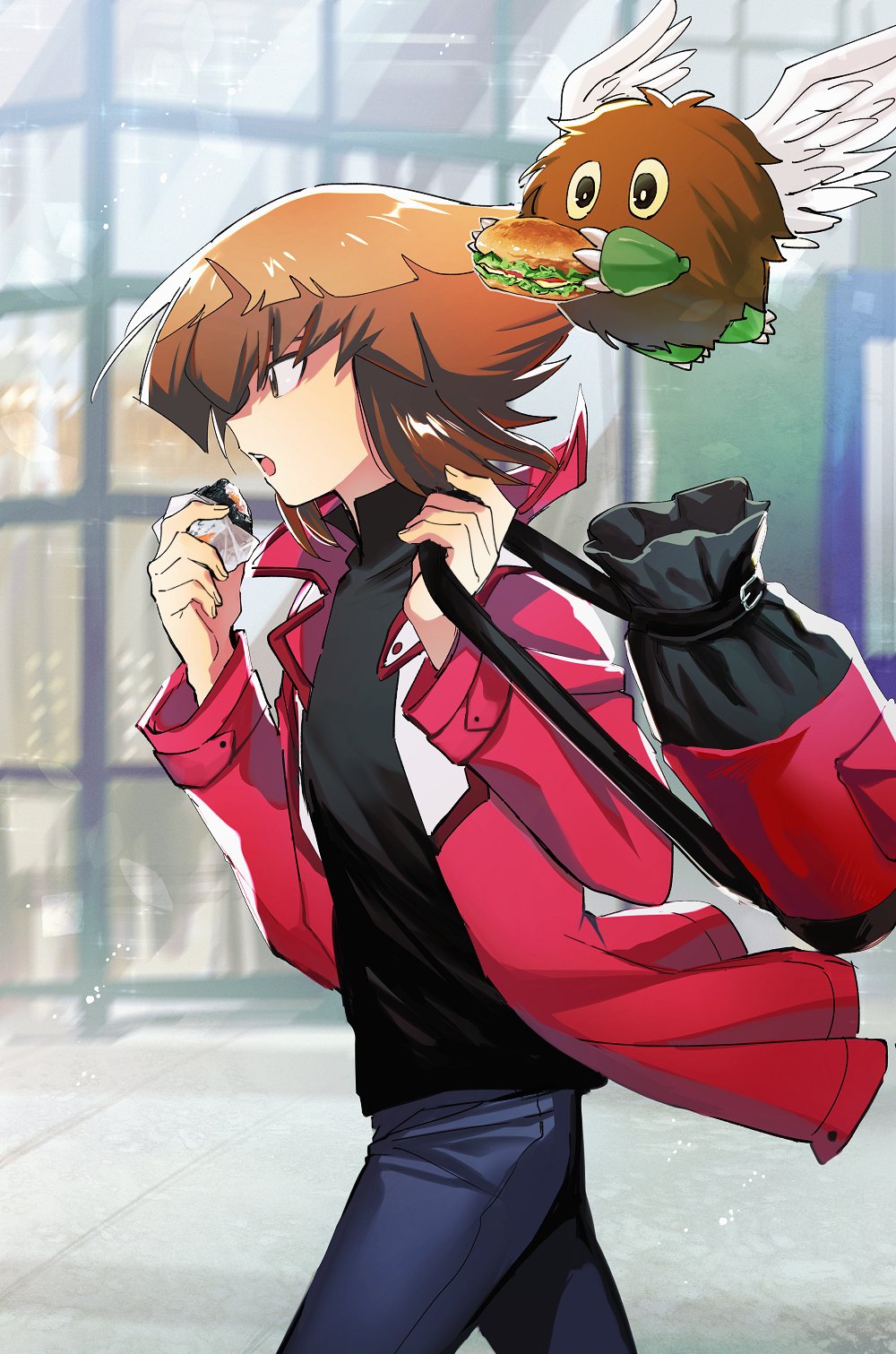 1boy black_shirt brown_eyes brown_hair burger commentary denim duel_academy_uniform_(yu-gi-oh!_gx) duel_monster eating food from_side hair_between_eyes highres jacket jeans long_sleeves male_focus multicolored_hair onigiri open_clothes open_jacket open_mouth pants profile red_jacket school_uniform shirt short_hair sk816 solo symbol-only_commentary two-tone_hair walking winged_kuriboh yu-gi-oh! yu-gi-oh!_gx yuuki_juudai
