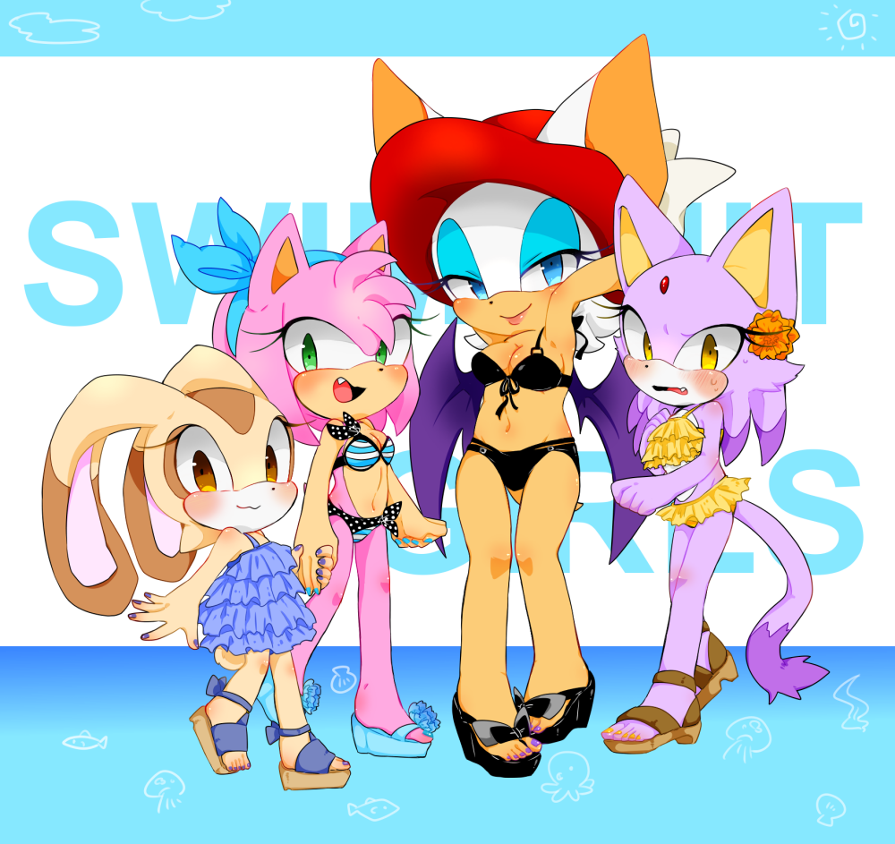 4girls amy_rose animal_ears arms_behind_back bat_ears bat_girl bat_wings blaze_the_cat blue_eyes blue_eyeshadow blush brown_eyes cat_ears cat_girl cat_tail cream_the_rabbit eyelashes eyeshadow fang flower forehead_jewel furry furry_female green_eyes hat hedgehog_girl krmkl looking_at_viewer makeup multiple_girls rabbit_ears rabbit_girl red_headwear rouge_the_bat sandals sonic_(series) swimsuit tail wings yellow_eyes