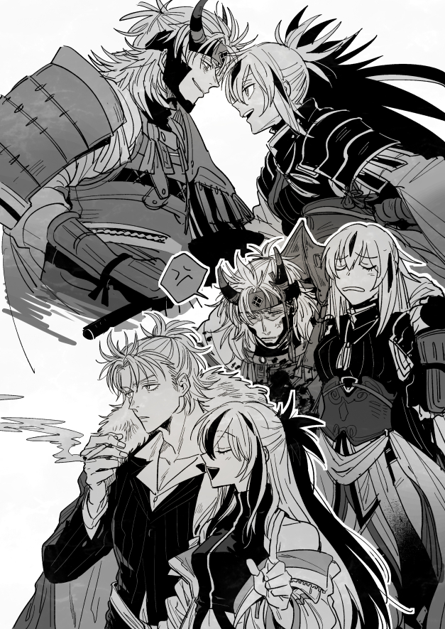 1boy 1girl anger_vein armor blood blood_on_clothes cigarette coat coat_on_shoulders face-to-face fake_horns fate/grand_order fate_(series) greyscale holding holding_cigarette horned_headwear horns japanese_armor long_hair monochrome multicolored_hair nagao_kagetora_(fate) nano_(veek) pauldrons shoulder_armor smile smoking spoken_anger_vein suit takeda_shingen_(fate) two-tone_hair