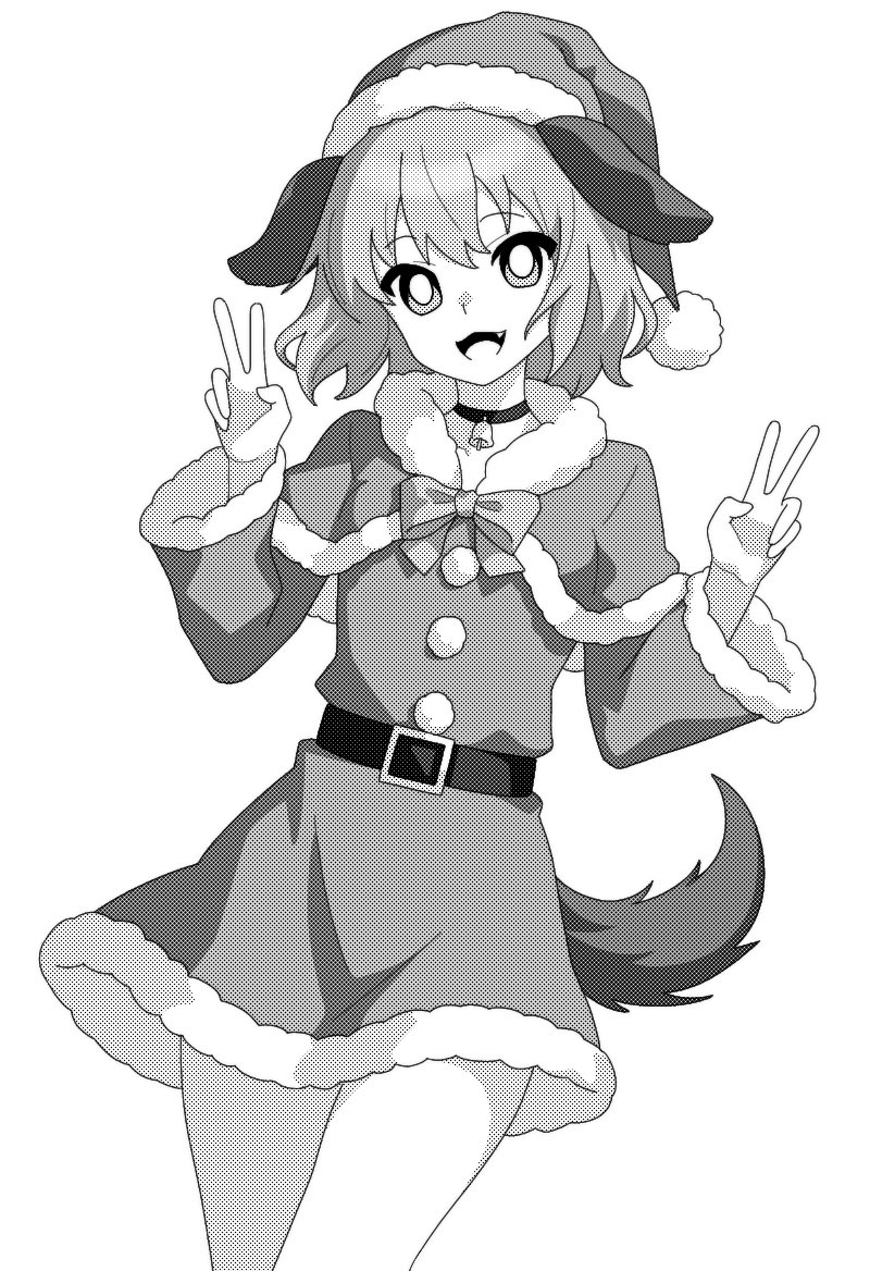 :3 bell belt bright_pupils choker commentary cowboy_shot double_v fang greyscale kasodani_kyouko looking_at_viewer monochrome neck_bell onkn_sxkn open_mouth santa_capelet santa_costume screentones short_hair simple_background tagme tail touhou v
