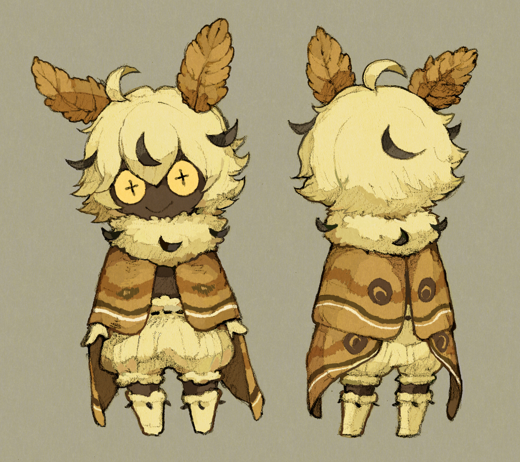 1boy ahoge arthropod_boy blonde_hair boots brown_coat brown_wings closed_mouth coat commentary cross-shaped_pupils dark-skinned_male dark_skin from_behind full_body fur_boots fur_collar insect_wings knee_boots looking_at_viewer male_focus maniani moth_antennae moth_boy moth_wings multicolored_hair multiple_views open_clothes open_coat original short_hair shorts simple_background smile standing straight-on streaked_hair symbol-shaped_pupils very_dark_skin wings yellow_eyes yellow_footwear yellow_shorts