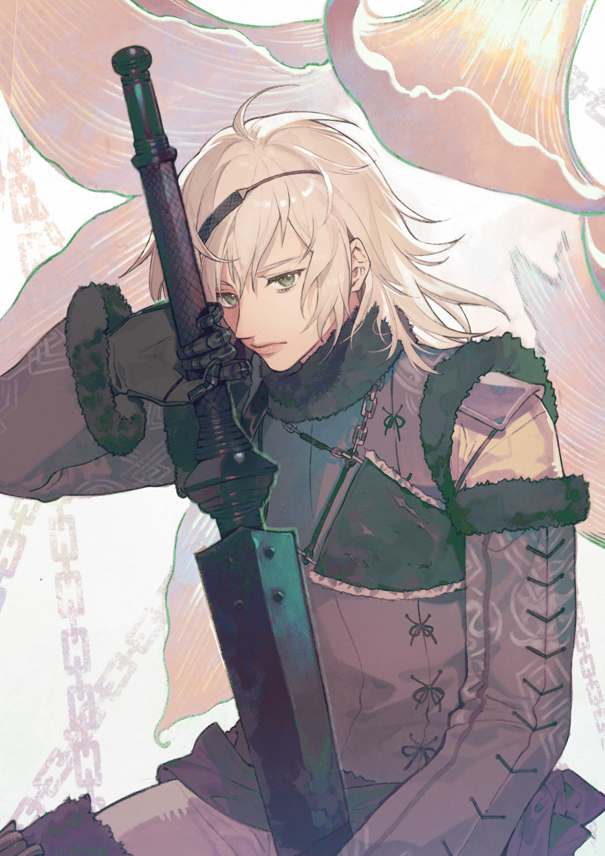 1boy ahoge armor armored_gloves black_gloves black_sash chain commentary detached_sleeves english_commentary floral_background fur-trimmed_collar fur-trimmed_sleeves fur-trimmed_vest fur_trim gloves green_eyes grey_sleeves grey_vest hairband highres holding holding_sword holding_weapon long_sword looking_at_viewer lunar_tear male_focus medium_hair nier nier_(series) nier_(young) rampu sash shoulder_armor sitting solo sword upper_body vest weapon white_hair white_undershirt