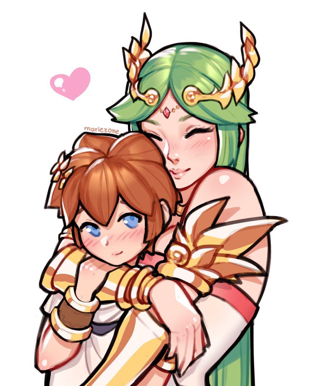 1boy 1girl artist_name blue_eyes blush bracelet brown_hair closed_eyes diadem dress english_commentary eyelashes gauntlets green_hair heart highres jewelry kid_icarus kid_icarus_uprising long_hair mariezone palutena pink_lips pit_(kid_icarus) short_hair simple_background smile upper_body white_background white_dress