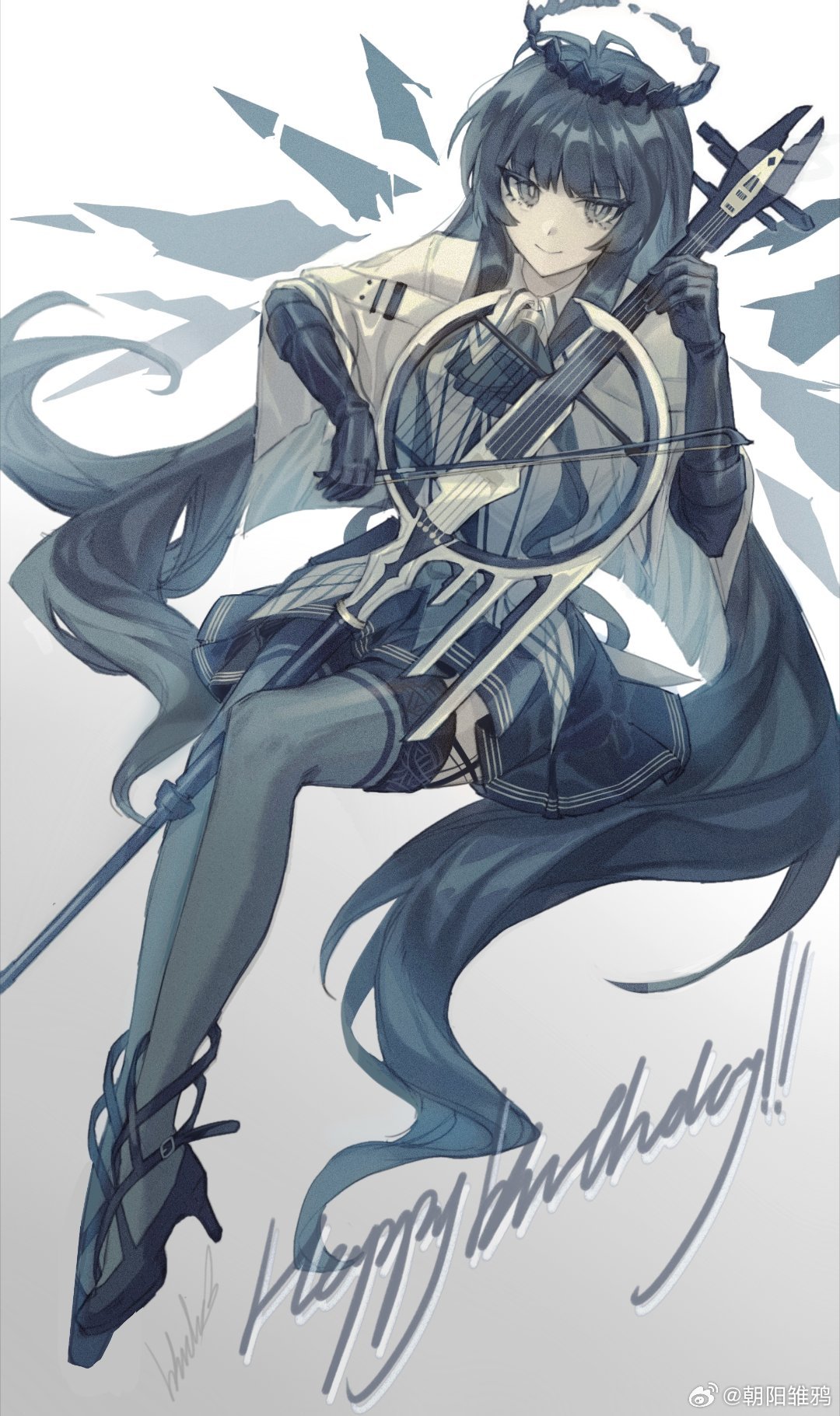 1girl absurdly_long_hair antenna_hair arknights artist_name ascot belt belt_buckle between_legs black_ascot black_bustier black_footwear black_garter_straps black_hair black_halo black_skirt black_thighhighs blunt_bangs bow_(music) bright_pupils broken_halo buckle bustier cello chinese_commentary chinese_text closed_mouth collared_jacket colored_inner_hair commentary_request cursive dangling dark_halo detached_wings dress_shirt dutch_angle energy_wings film_grain floating_hair foreshortening from_side full_body garter_straps glove_cuffs gloves gradient_background grey_background grey_eyes grey_hair grey_shirt grey_wings halo hands_up happy_birthday high_heels highres hime_cut holding holding_bow_(music) holding_instrument holding_violin instrument invisible_chair jacket layered_sleeves legs_together light_smile long_hair long_sleeves looking_at_viewer looking_to_the_side miniskirt mole mole_under_eye multicolored_hair music pale_color pale_skin playing playing_instrument pleated_skirt shadow shirt short_over_long_sleeves short_sleeved_jacket short_sleeves sidelocks sideways_glance signature sitting skirt solo straight_hair strappy_heels thigh-highs two-tone_hair very_long_hair violin virtuosa_(arknights) watermark weibo_6990169017 weibo_logo weibo_username white_belt white_jacket white_pupils wide_sleeves wing_collar wings zettai_ryouiki