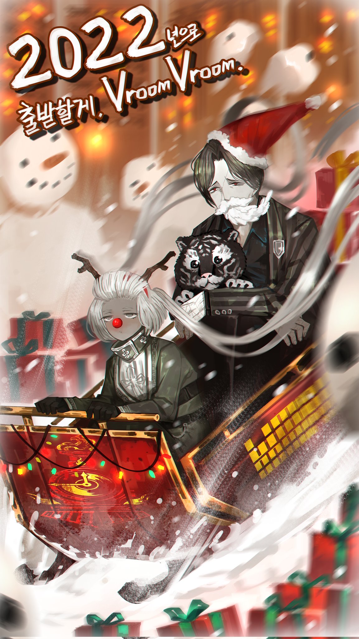 1boy 1girl 2022 antlers black_gloves charon_(project_moon) chinese_zodiac christmas coat dress gloves grey_dress grey_hair hat highres limbus_company nai_ga official_art project_moon red_eyes red_nose santa_hat sled snow snowman string_lights striped striped_coat vergilius_(project_moon) year_of_the_tiger