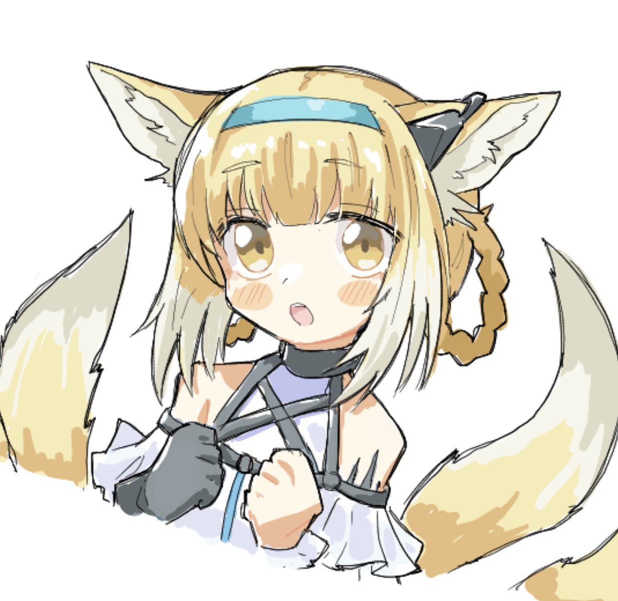 animal_ear_fluff animal_ears arknights az84997592 bare_shoulders black_gloves blue_hairband blush_stickers braid braided_hair_rings colored_tips commentary_request cropped_torso earpiece fox_ears fox_girl fox_tail gloves hair_rings hairband highres kitsune kyuubi multicolored_hair multiple_tails open_mouth oripathy_lesion_(arknights) single_glove solo suzuran_(arknights) tail twin_braids two-tone_hair white_hair yellow_eyes