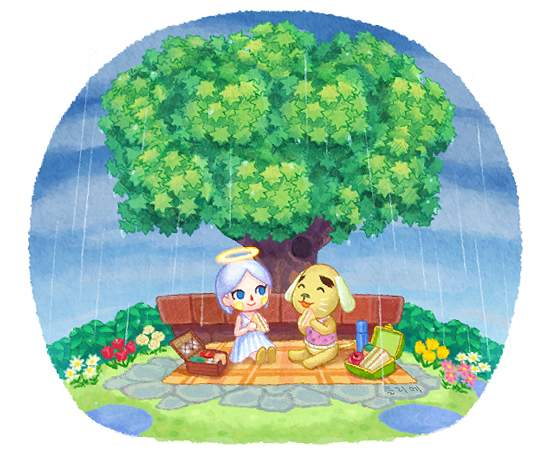 1boy 1girl :d ^_^ animal_crossing apple benjamin_(animal_crossing) blanket blue_eyes blue_flower blue_hair bottle bush closed_eyes closed_mouth clouds cloudy_sky commentary_request dog_boy dress flower food fruit furry furry_male halo holding holding_food looking_at_another lunchbox moai_(aoh) open_mouth outdoors parted_bangs picnic pink_flower pink_shirt rain red_flower sandwich shirt short_hair sitting sky sleeveless sleeveless_dress sleeveless_shirt smile thermos tree tree_hollow villager_(animal_crossing) white_dress white_flower