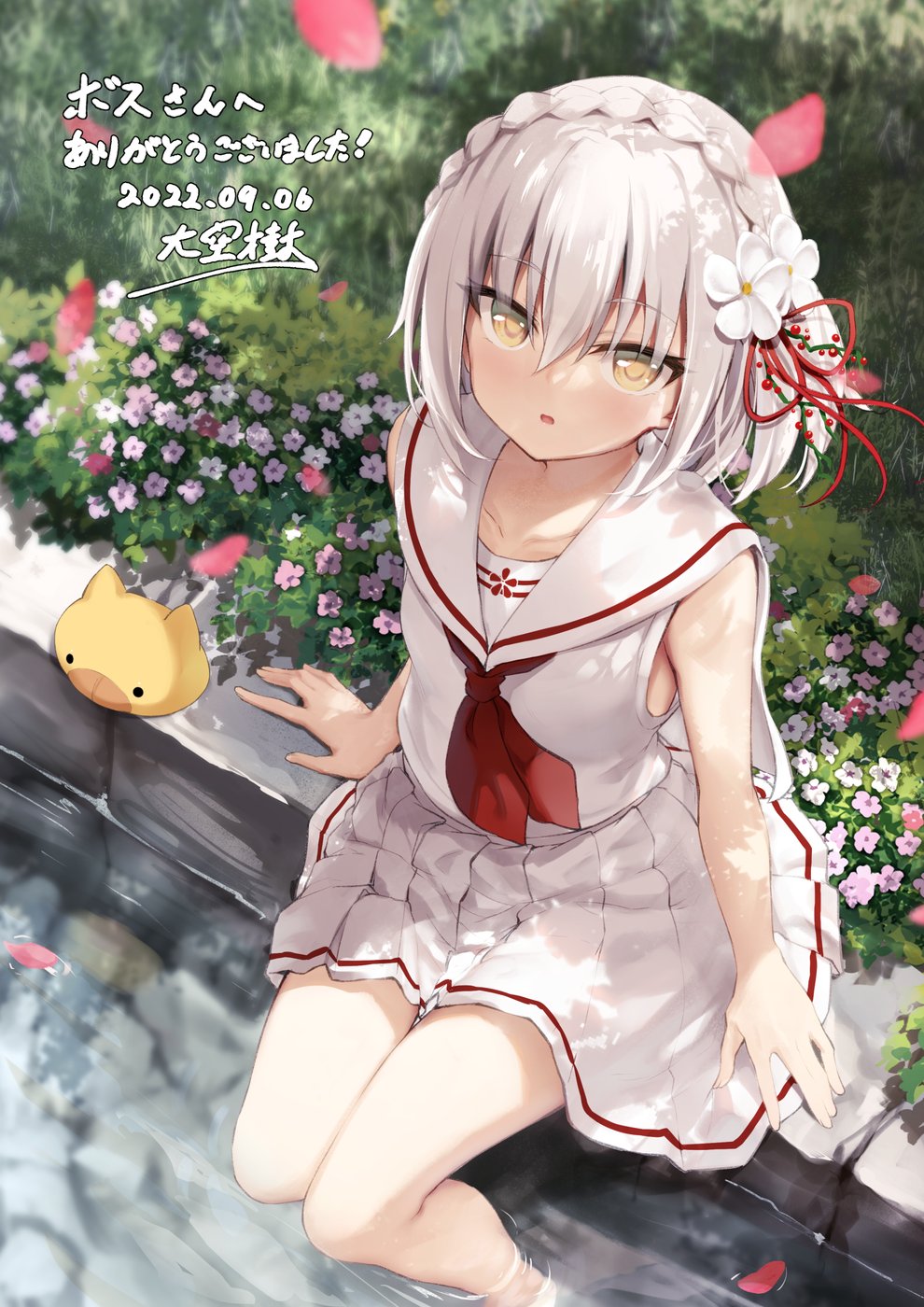1girl 2022 arms_at_sides bare_arms bare_legs blush braid commentary_request commission crown_braid dappled_sunlight dated day eyelashes eyes_visible_through_hair falling_petals feet_out_of_frame flower from_above grass hair_between_eyes hair_flower hair_ornament hair_ribbon highres jormungand_hakua looking_at_viewer looking_up marco_to_ginga_ryuu miniskirt neckerchief oozora_itsuki open_mouth outdoors petals pink_flower pleated_skirt red_neckerchief red_ribbon ribbon river riverbank sailor_collar school_uniform serafuku shirt short_hair signature sitting skeb_commission skirt sleeveless sleeveless_shirt soaking_feet solo sunlight tsurime white_flower white_hair white_sailor_collar white_serafuku white_shirt white_skirt white_theme yellow_eyes