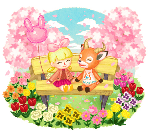 1boy 1girl :d ^_^ animal_crossing balloon beau_(animal_crossing) bench blonde_hair blue_sky blunt_bangs blush brown_horns brown_jacket brown_sweater cherry_blossoms closed_eyes clouds commentary_request day falling_petals flower furry furry_male grass hair_ribbon holding holding_balloon horns jacket long_sleeves low_twintails lowres medium_hair moai_(aoh) on_bench open_clothes open_jacket open_mouth orange_flower outdoors petals pink_flower pink_ribbon pink_rose pleated_skirt purple_flower red_flower red_skirt ribbon rose shirt shoes short_twintails sitting_on_bench skirt sky sleeveless sleeveless_shirt smile socks sweater tree tulip twintails villager_(animal_crossing) white_flower white_rose white_shirt white_socks yellow_flower yellow_footwear