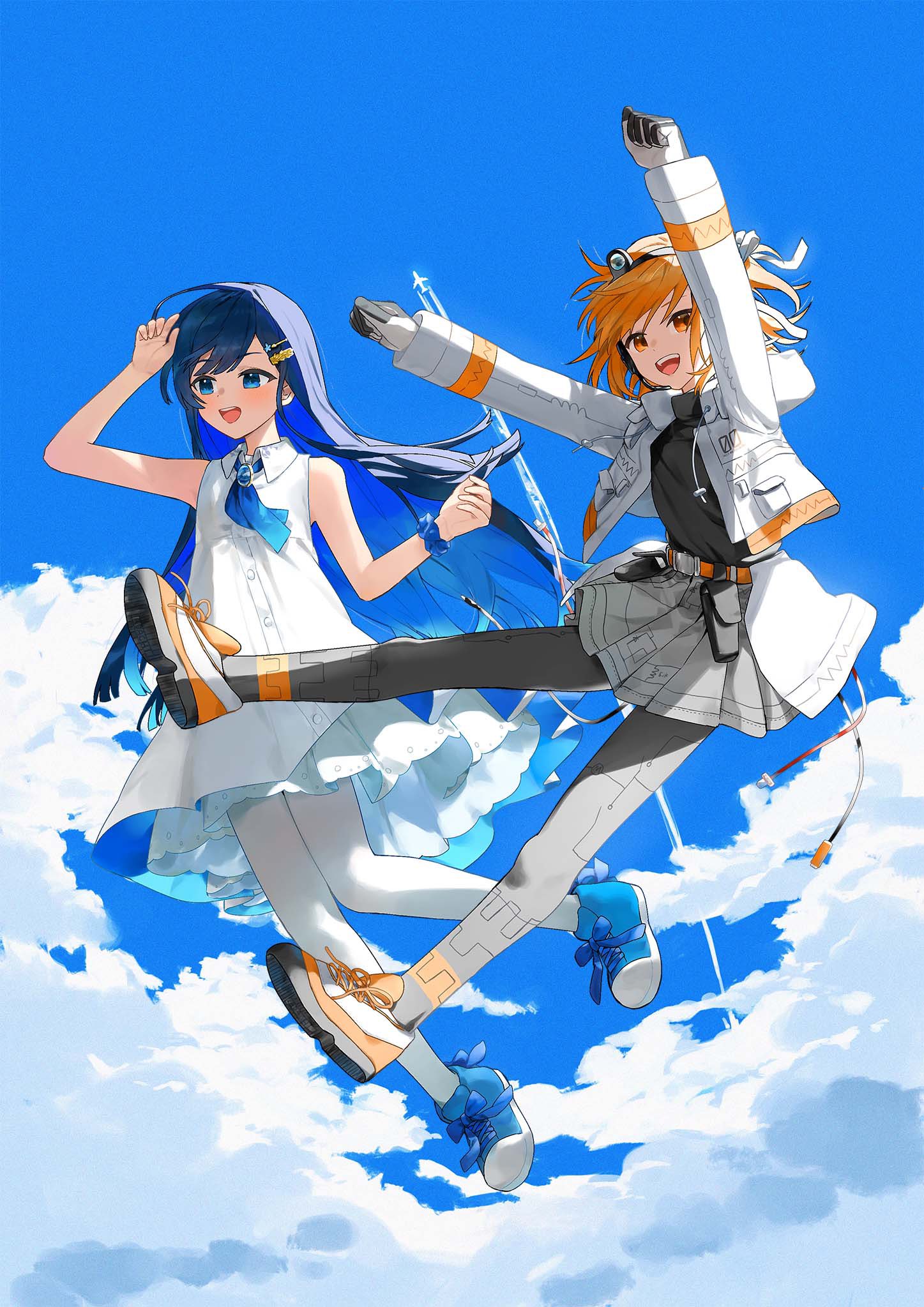 2girls a.i._voice adachi_rei aircraft airplane arm_up arms_up belt belt_pouch black_hair black_shirt blue_bow blue_brooch blue_eyes blue_footwear blue_hair blue_ribbon blue_sky blush bow cable cevio clouds cloudy_sky collared_dress colored_inner_hair commentary_request contrail crow_(crow_crowd24) dress floating_hair footwear_bow full_body futaba_minato gradient_neck_ribbon grey_pantyhose grey_skirt hair_ornament hairclip headlamp headset highres hood hood_down hooded_jacket jacket jet jumping layered_dress long_hair long_sleeves looking_ahead looking_at_viewer medium_hair midair multicolored_hair multiple_girls open_clothes open_jacket orange_belt orange_eyes pantyhose pleated_skirt pouch ribbon scrunchie second-party_source shirt shirt_tucked_in shoes sidelighting skirt sky sleeveless sleeveless_dress smile sneakers turtleneck utau white_dress white_jacket white_pantyhose wrist_scrunchie