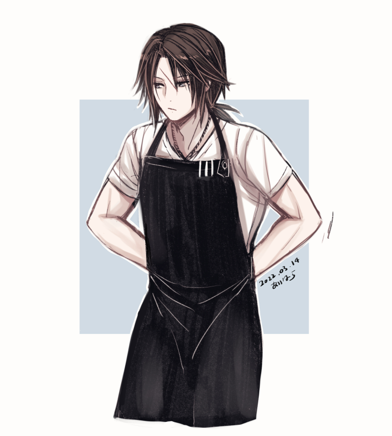 1boy alternate_costume apron arms_behind_back black_apron blue_background blue_eyes brown_hair commentary_request cropped_legs dated final_fantasy final_fantasy_viii hiryuu_(kana_h) jewelry low_ponytail male_focus medium_hair necklace ponytail scar scar_on_face shirt signature simple_background solo squall_leonhart square_background standing t-shirt tying tying_apron v-neck white_shirt