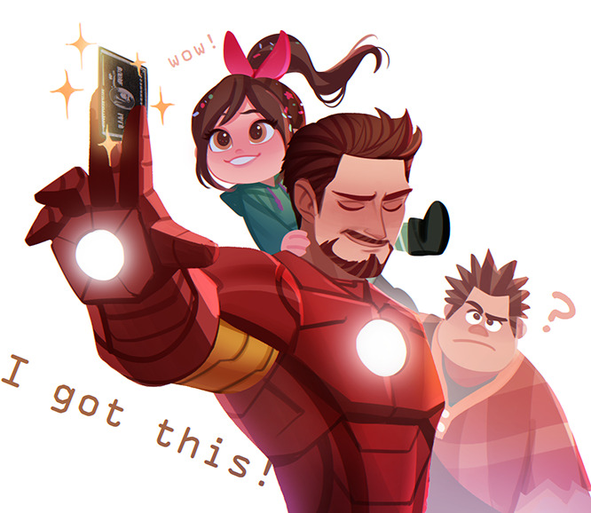 1girl 2boys ? arc_reactor arm_up armor black_eyes black_footwear black_shirt blue_hoodie boots brown_eyes brown_hair buttons closed_eyes closed_mouth confetti crossover disney english_commentary english_text facial_hair full_armor ginmu green_pantyhose hair_ribbon holding holding_money hood hoodie iron_man iron_man_(series) leg_up long_hair long_sleeves looking_at_another looking_to_the_side marvel marvel_cinematic_universe money multicolored_armor multiple_boys pantyhose pink_ribbon plaid plaid_shirt ponytail power_armor red_armor red_shirt ribbon shirt short_hair simple_background smile sparkle standing teeth tony_stark vanellope_von_schweetz white_background wreck-it_ralph wreck-it_ralph_(character) yellow_armor